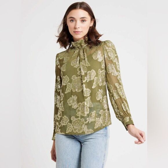 Mille Tops - NWOT Mille Charlotte Long Sleeve Metallic Pleated Blouse in Gold Leaf size XXS